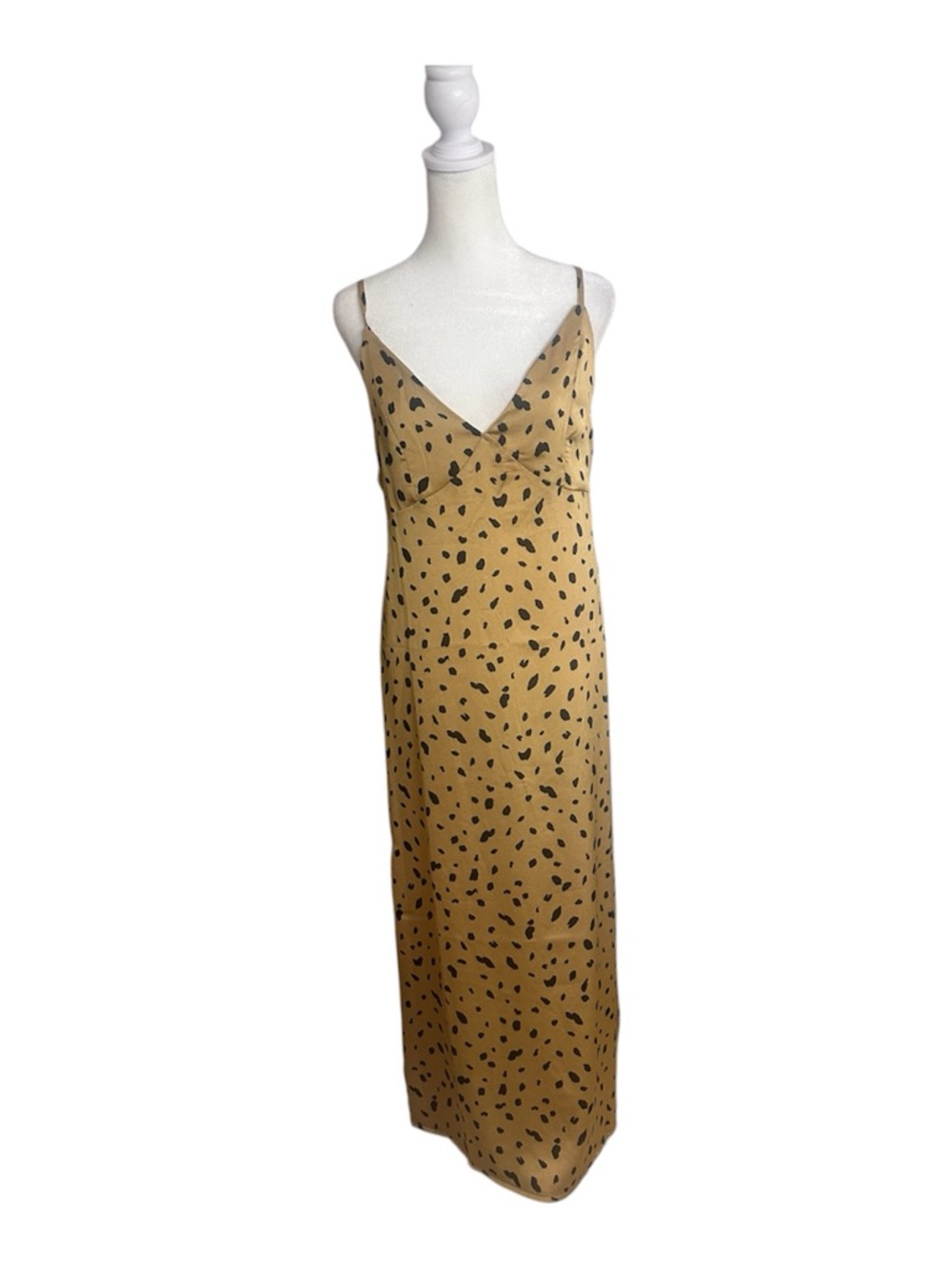 PrettyLittleThing Satin Leopard Slip Dress Tan Spaghetti Strap MIDI Size 6